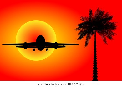 Airplane landing in a sunset - vector illustration.