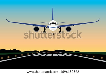 airplane landing sunset vector landing at night in airport flat design