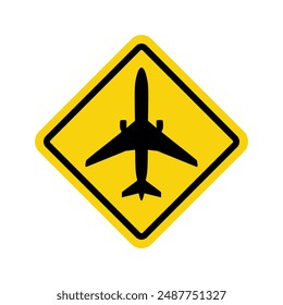 Airplane landing and take-off area warning sign. Yellow square with black silhouette plane isolated symbol on white background. Vector illustration