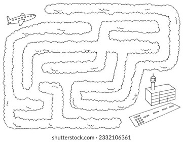 Airplane landing through the clouds at the airport maze graphic black white sketch illustration vector