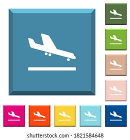 Airplane landing white icons on edged square buttons in various trendy colors