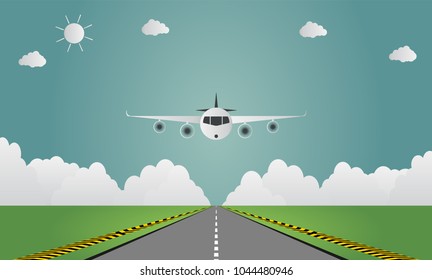 Airplane lands on airport on runway a plane landing or taking off.vector illustration