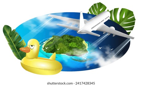 The airplane lands on a tropical island, top view. Summer travel background. Travel vacation concept. Vector illustration, flat style.