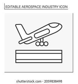  Airplane launch line icon. Plane take up in the sky. Aerospace industry concept. Isolated vector illustration. Editable stroke