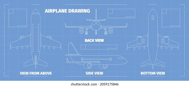 Airplane layout. Views of planes different sides schema for constructors and designers garish vector illustration template