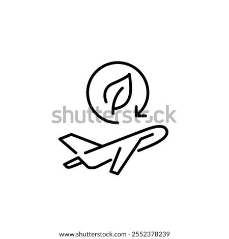 Airplane and leaf in recycling arrow. Eco-conscious travel, sustainable practices. Alternative energy sources, low exhaust emission. Pixel perfect vector icon