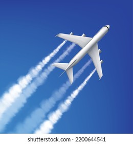 Airplane leaving foggy contrails in blue sky realistic vector illustration