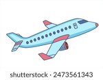 Airplane light blue color with pink tips. Plane in cartoon design. Passenger plane flying in the sky side view. travel concept. Toy plane graphic. Flat style vector illustration.