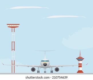 Airplane, light tower  and control tower. Vector illustration. EPS 10. Opacity.