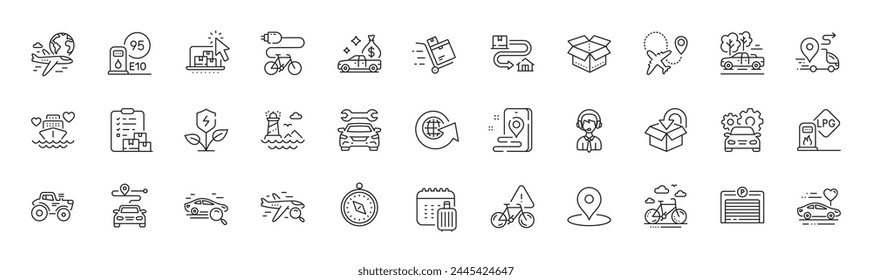 Airplane, Lighthouse and Pin line icons. Pack of Gas station, Bike attention, World globe icon. Journey, Parking garage, Travel compass pictogram. Tracking parcel, Baggage calendar. Line icons. Vector