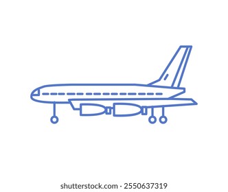 Airplane, line art icon. Aircraft side view with landing gear deployed. Contoured passenger airliner. Outlined lineart aeroplane, avia transport. Flat vector illustration isolated on white background