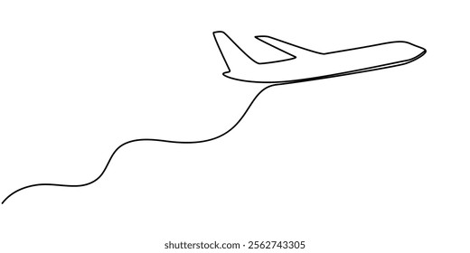 airplane line art style vector with transparent background, Continuous one line art drawing of airplane vector art illustration, Airplane continuous line sketch. Continuous one line drawing of airplan