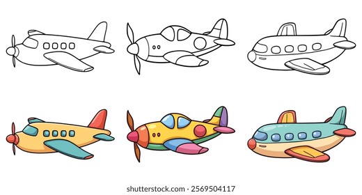 Airplane Line Art Vector Illustration Black and White with Coloring Sample. Bold and Easy Aircraft Coloring Pages for Adults and Kids.