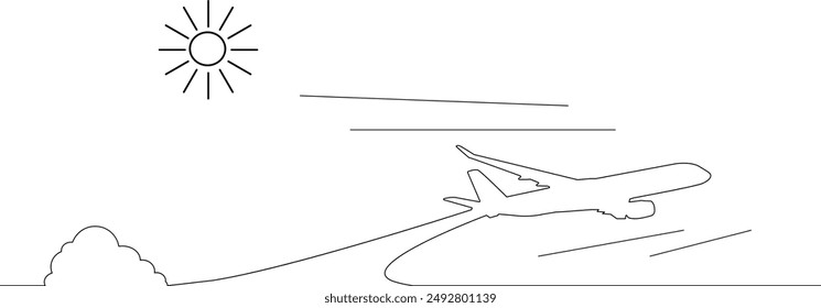 avión, línea, nube, lineal, sol, dibujo, contorno, Vector, boceto, diseño, cielo, aire, aeronave, aviación, concepto, vuelo, vuelo, gráfico, ícono, ilustración, 