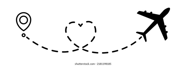 Airplane line dotted path in heart shape. Plane flight route with start point and dotted line trace. Travel and tourism concept. Vector illustration isolated on white background.