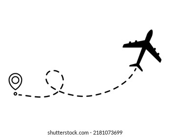 Airplane line dotted path. Plane flight route with start point and dotted line trace. Travel and tourism concept. Vector illustration isolated on white background.