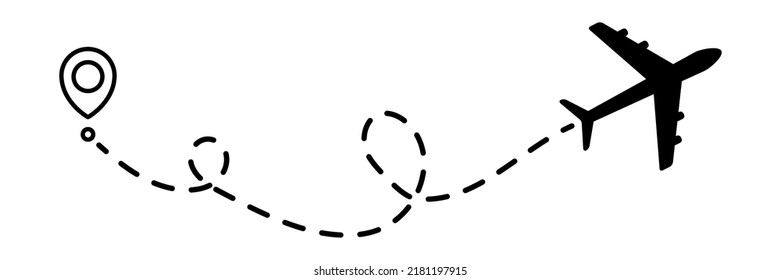 Ruta de acceso por puntos de la línea del avión. Ruta de vuelo del avión con punto de inicio y traza de línea punteada. Concepto de viajes y turismo. Ilustración vectorial aislada en fondo blanco.