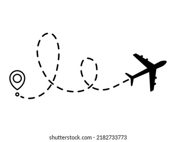 Airplane line dotted path. Plane flight route with start point and dotted line trace. Travel and tourism concept. Vector illustration isolated on white background.