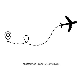 Airplane line dotted path. Plane flight route with start point and dotted line trace. Travel and tourism concept. Vector illustration isolated on white background.