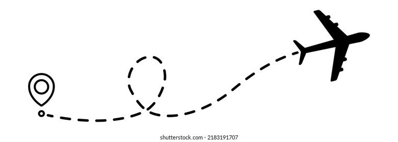 Airplane line dotted path. Plane flight route with start point and dotted line trace. Travel and tourism concept. Vector illustration isolated on white background.