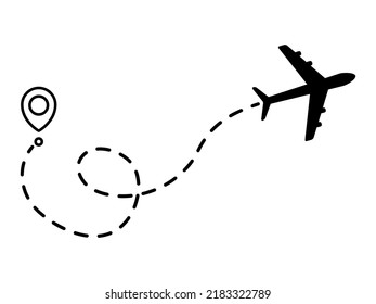 Ruta de acceso por puntos de la línea del avión. Ruta de vuelo del avión con punto de inicio y traza de línea punteada. Concepto de viajes y turismo. Ilustración vectorial aislada en fondo blanco.