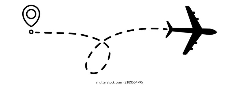 Airplane line dotted path. Plane flight route with start point and dotted line trace. Travel and tourism concept. Vector illustration isolated on white background.
