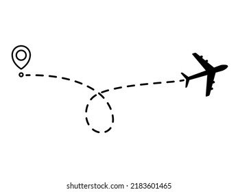 Airplane line dotted path. Plane flight route with start point and dotted line trace. Travel and tourism concept. Vector illustration isolated on white background.
