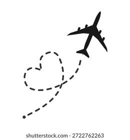 Avião com trajetória de voo em linha. Rota de voo de avião aéreo com ponto inicial e traço de linha traço. Dia dos Namorados. Lua de mel