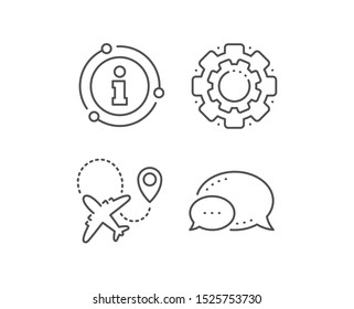 Airplane line icon. Chat bubble, info sign elements. Plane flight transport sign. Aircraft symbol. Linear airplane outline icon. Information bubble. Vector