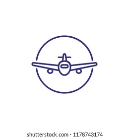 Airplane line icon. Circle, wing, transport. Travel concept. Vector illustration can be used for topics like flight, vacation, aviation