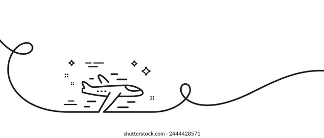 Symbol für Flugzeuglinie. Durchgehend eine Zeile mit Curl. Flugverkehrsschild. Flugzeugsymbol. Einfache Umrissleiste des Flugzeugs. Loop-Kurvenmuster. Vektorgrafik