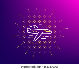 Airplane line icon. Halftone pattern. Plane flight transport sign. Aircraft symbol. Gradient background. Airplane line icon. Yellow halftone pattern. Vector