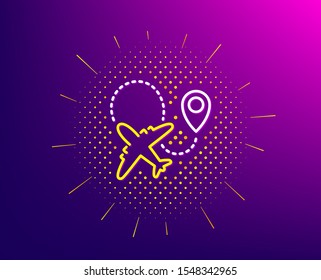 Airplane line icon. Halftone pattern. Plane flight transport sign. Aircraft symbol. Gradient background. Airplane line icon. Yellow halftone pattern. Vector