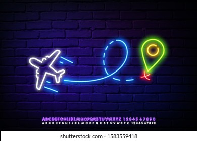 Airplane line icon. Neon laser lights. Plane flight transport sign. Aircraft symbol. plane neon sign. Banner badge with airplane icon. Vector