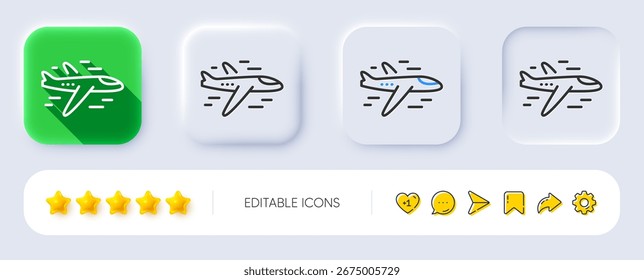 Symbol für Flugzeuglinie. Neumorph, flacher Schatten, 3D-Tasten. Flugverkehrszeichen. Flugzeugsymbol. Symbol für Linienflugzeuge. Symbole sozialer Medien. Vektorgrafik