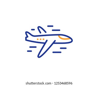 Airplane line icon. Plane flight transport sign. Aircraft symbol. Colorful outline concept. Blue and orange thin line color icon. Airplane Vector