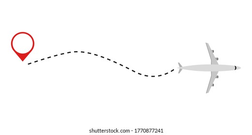 Airplane line icon. Airplane with  red start point . Plane on white background .  Travel concept .Airplane line with plane on sky. 10 eps