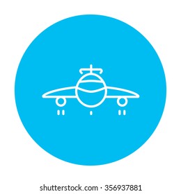 Airplane line icon for web, mobile and infographics. Vector white icon on the light blue circle isolated on white background.
