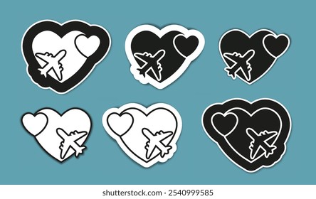 Airplane line icons set. Silhouette of planes in sky fly to heart. Love for travels and tourism, flights. Holiday and vacation. Linear vector collection isolated on blue background