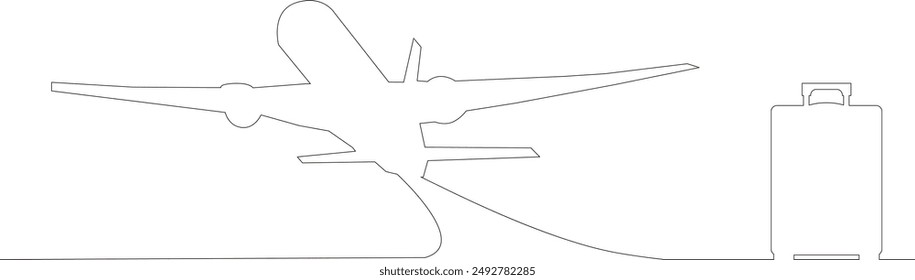 airplane, line, linear, drawing, outline, vector, carry-on, suitcase, airport, sketch, design, vacation, aerial, air, aircraft, aviation, concept, flight, 