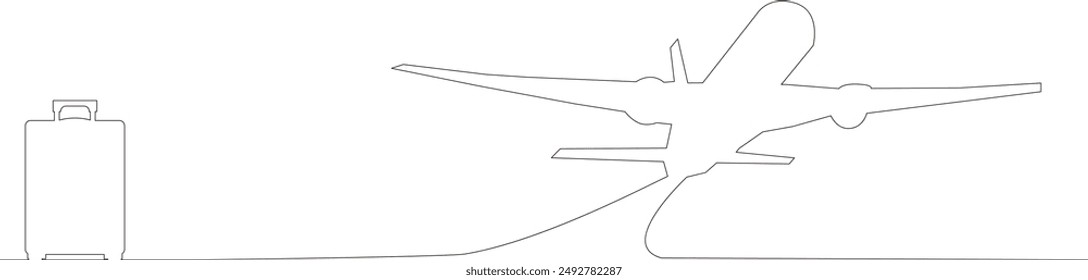 airplane, line, linear, drawing, outline, vector, carry-on, suitcase, airport, sketch, design, vacation, aerial, air, aircraft, aviation, concept, flight, 