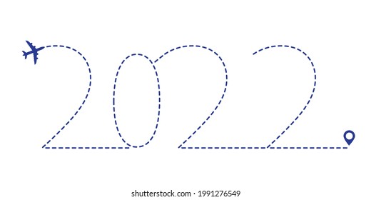 Airplane line path 2022, icon of airplane flight route with final point. Vector illustration isolated on white
