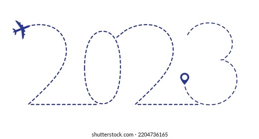 Airplane line path 2023, icon of airplane flight route with final point. Vector illustration isolated on white