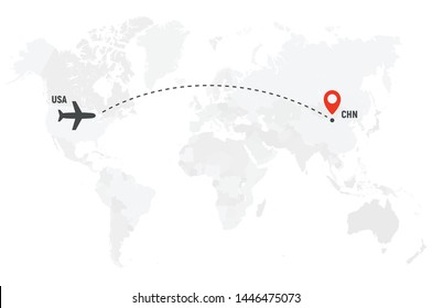 Airplane line path. Air plane flight route with start point and dash line trace. Plane icon over world map. Vector concept illustration.