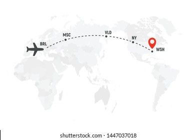 Airplane line path. Air plane flight route with start point and dash line trace.
Plane icon over world map. Vector concept illustration.