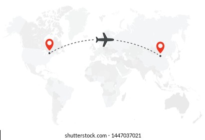 Airplane line path. Air plane flight route with start point and dash line trace.Plane icon over world map. Vector concept illustration. - Shutterstock ID 1447037021