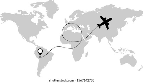 Airplane line path. Air plane flight route with start point and dash line trace. Plane icon over world map. Vector illustration. EPS10