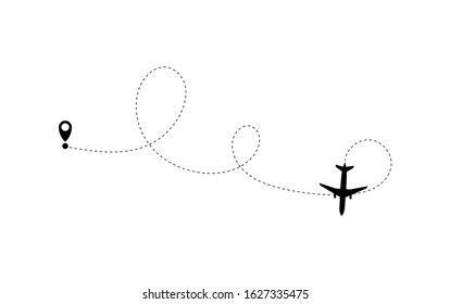 Airplane line path of air plane flight route with start point and dash line trace. Tourism and travel. The waypoint is for a tourist trip on a white background. Vector icon 
