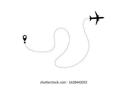 Airplane line path of air plane flight route with start point and dash line trace. Tourism and travel. The waypoint is for a tourist trip on a white background. Vector icon 