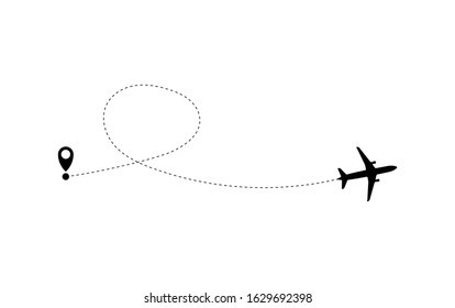 Airplane line path of air plane flight route with start point and dash line trace. Tourism and travel. The waypoint is for a tourist trip on a white background. Vector icon 